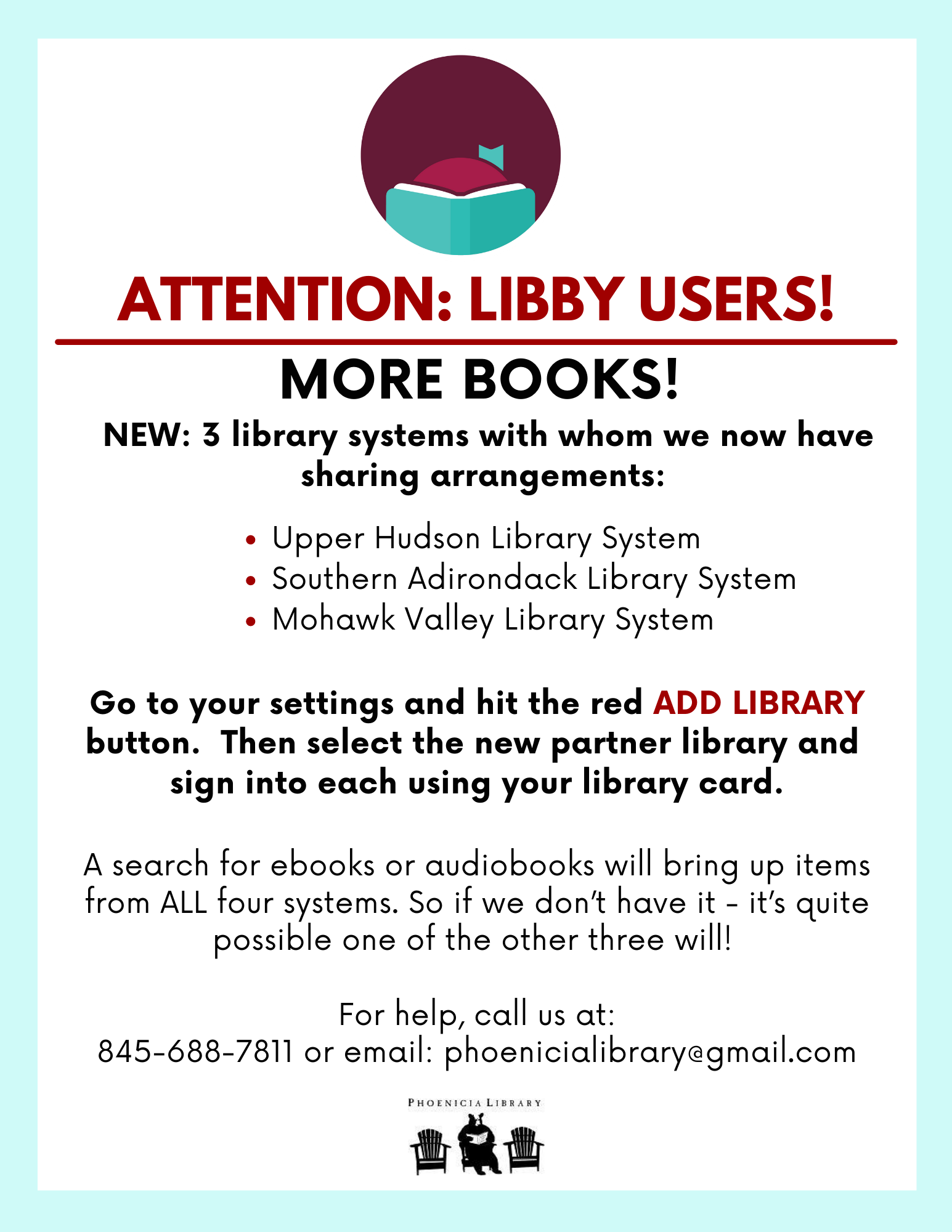 New: 3 library system with whom we now have sharing arrangements: Upper Hudson, Southern Adirondack and Mohawk Valley.
